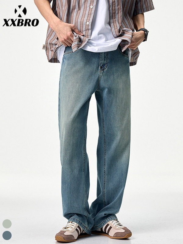 Muxi Clothing # Summer Trendy Brand Clanfit Straight-Leg Pants for Men, Stretchy Vintage Distressed Thin Jeans for Men.