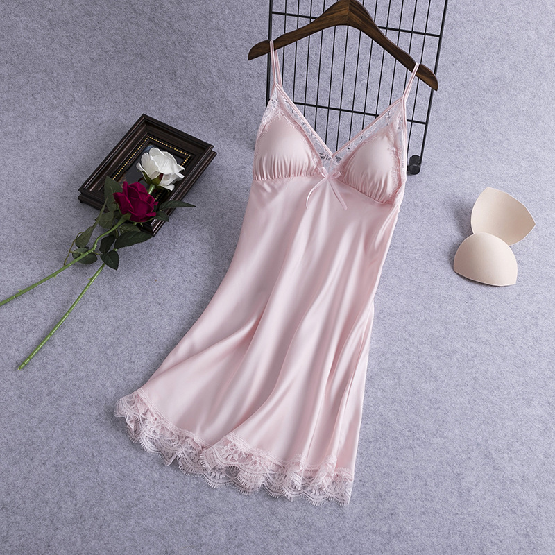 New Sexy Suspender Nightgown for Women Summer Ice Silk with Breast Pad Lace Sexy Temptation Imitation Silk Home Clothes Wholesale