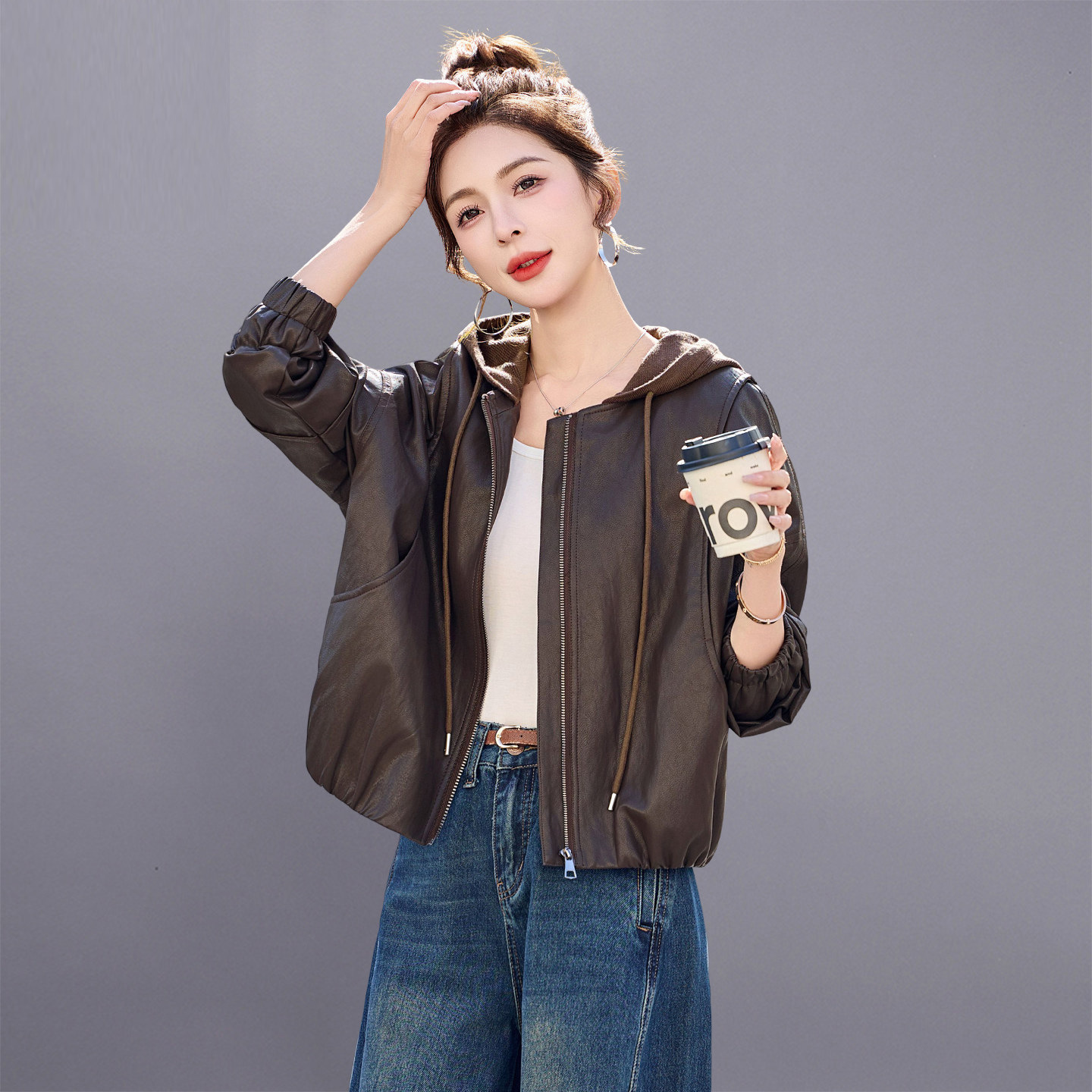 Hooded Leather Jacket for Women, Short Style, 2026 Spring New Model, Petite, Stylish, Retro, Casual, Age-Reducing Pu Leather Jacket