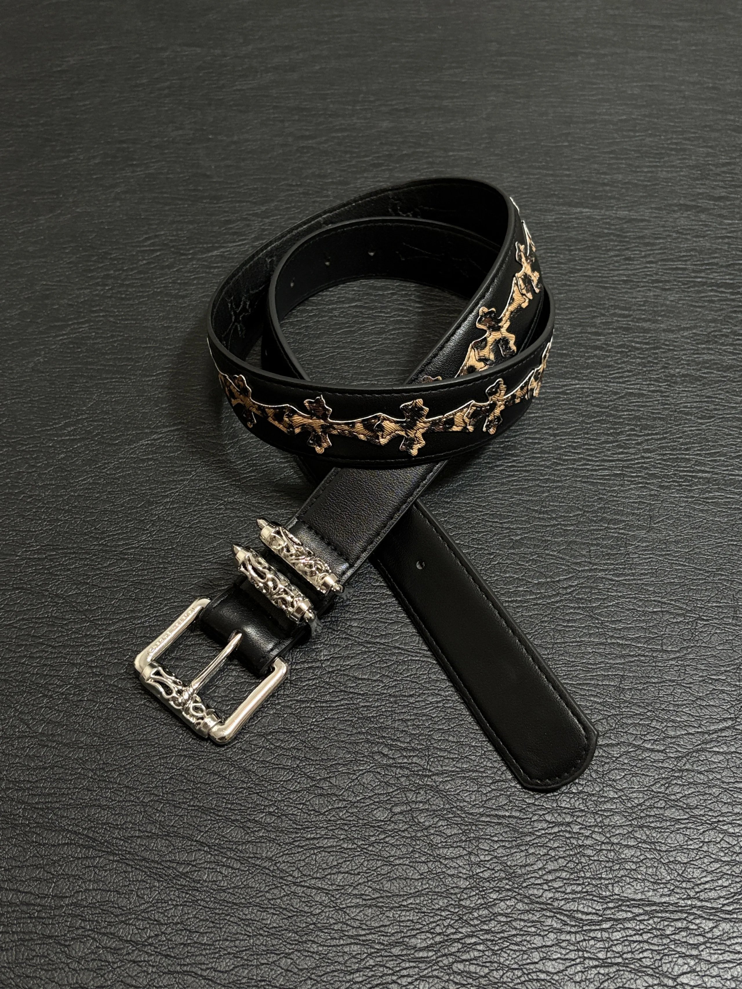 小心袖口 Vintage中古十字架豹纹贴皮腰带重工复古小众男女皮带