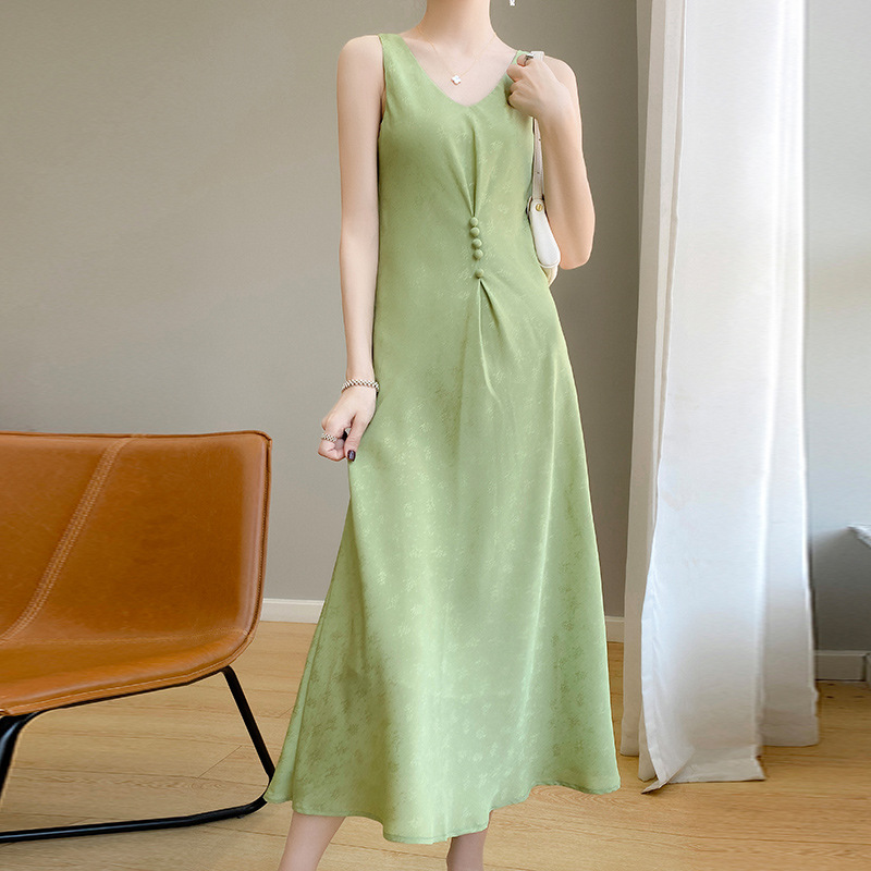 Acetate satin sling dress women's summer new waist-tight high-grade temperament niche slimming collarbone long skirt
