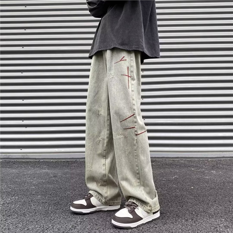 New American Street Washed Old Embroidered Jeans Men's Spring and Autumn Straight Loose European and American High Street Long Pants