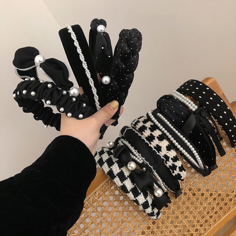 Black handmade pearl headband French high-grade velvet headband bow hairpin hair accessories women's jewelry wholesale