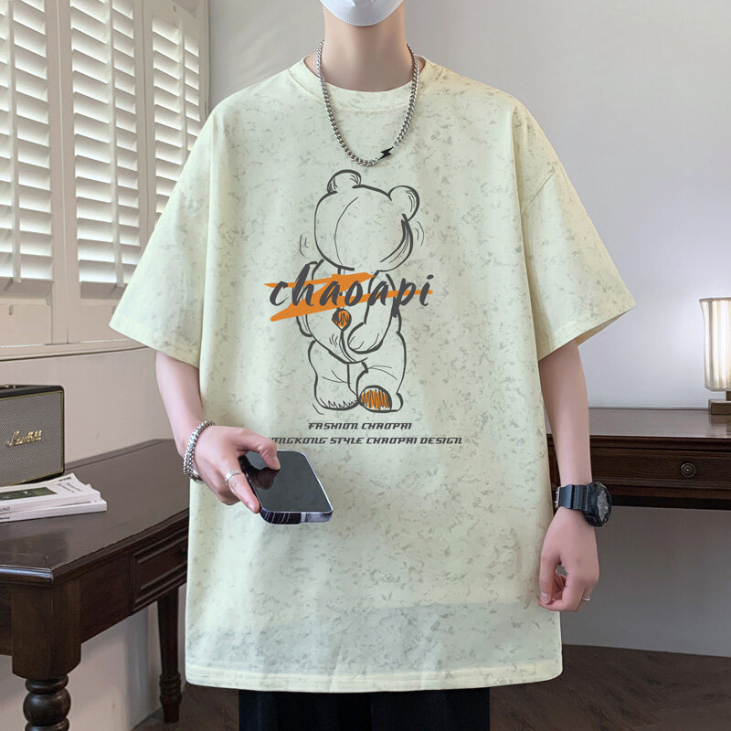 Retro Bear Heavyweight Short-Sleeved T-Shirt Men's Summer American Fashion Brand Tops Teenagers Large Size Half-Sleeved T-Shirt t