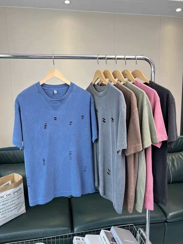 260g Heavyweight Ripped Short-Sleeve T-Shirt for Men, New Loose Oversized American-Style Washed Vintage Trendy Brand Top
