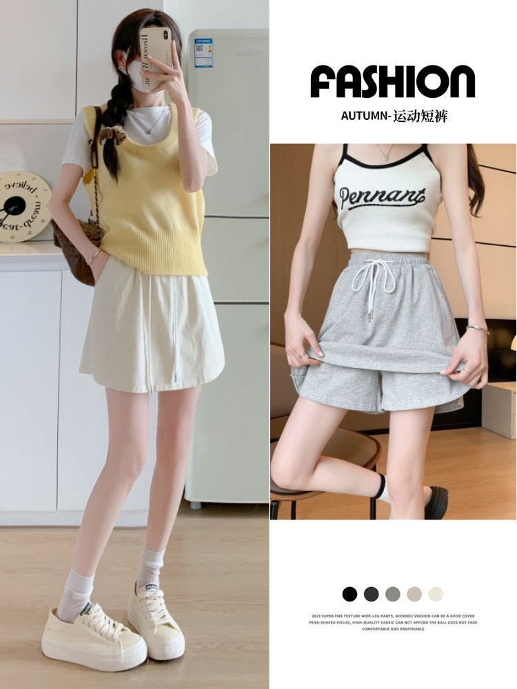 Pure Cotton Five-Point Sports Shorts for Women, Summer Thin Ballet Style Culottes, High Waist, Slimming Look, Versatile Wide-Leg A-Line Shorts
