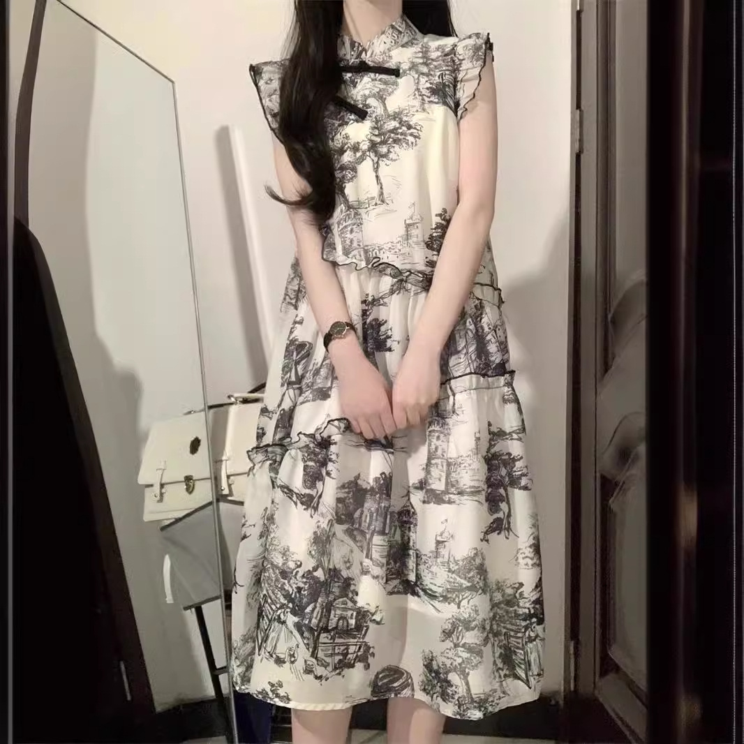 New Chinese Style National Style Ink Painting dress Women's Summer New Arrival French Style Small Flying Sleeve Dress for Women