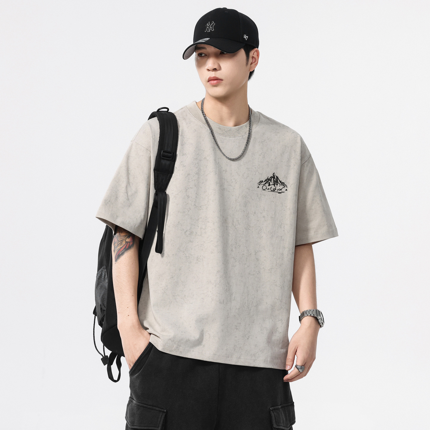 T2603 | Plus-Size Men's Summer New Wash-Dyed Tie-Dye Round-Neck T-Shirt, 280g Heavyweight Loose-Fit Printed Short-Sleeve.