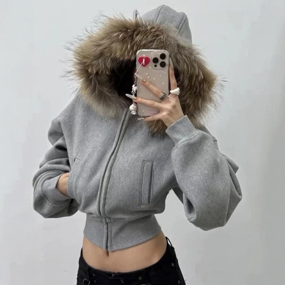 American Retro Gray Fur Collar Short Zipper Hoodie Women's Y2K Thickeneded Autumn and Winter Loose Sweatshirt Jacket Cross-Border Foto QC de 1688 na Qualit.ly