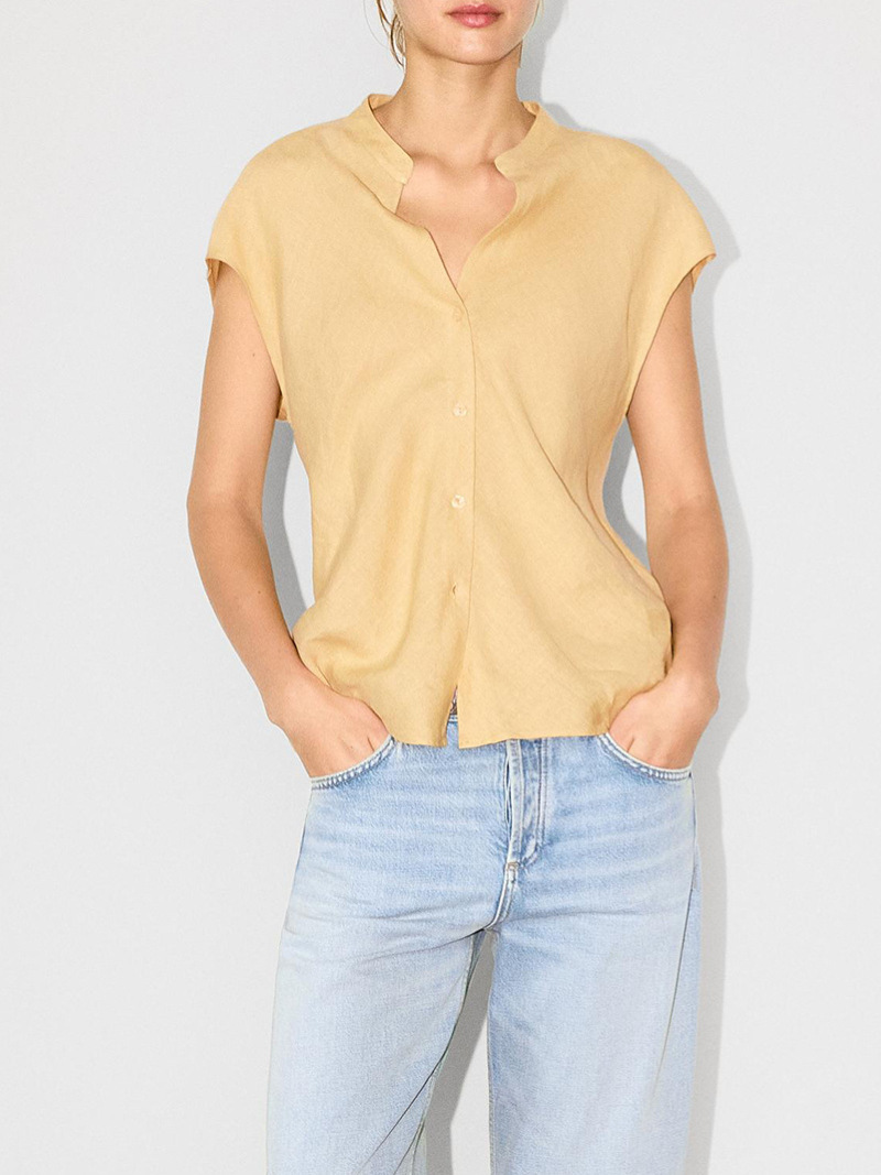 Md26 Women's Minimalist Old Money Style Commuting Style Pure Linen V-Neck Sleeveless Shirt Top 05162543806