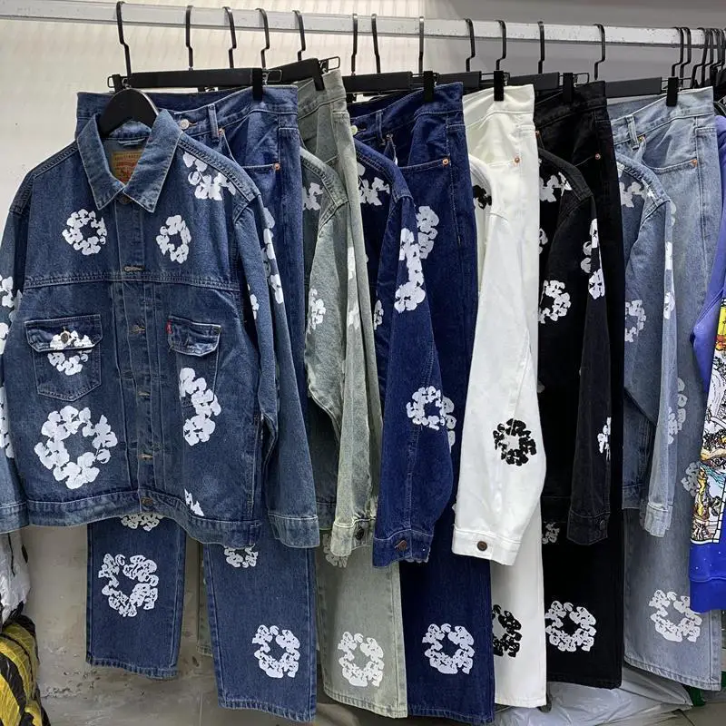 DT kapok printed denim suit high street youth trend jacket jacket tide casual pants men's jeans
