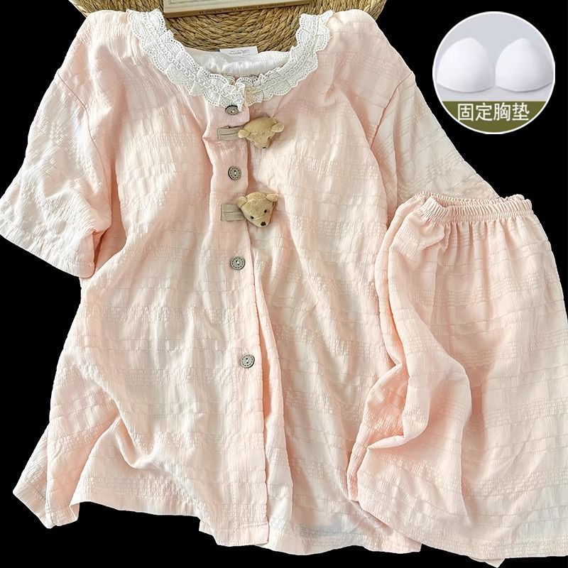 Women's Summer Pajamas with Chest Pads, 2026 New Model, Cloud Cotton, Round Neck, Short-Sleeved Shorts, Home Wear, Can Be Worn Outside