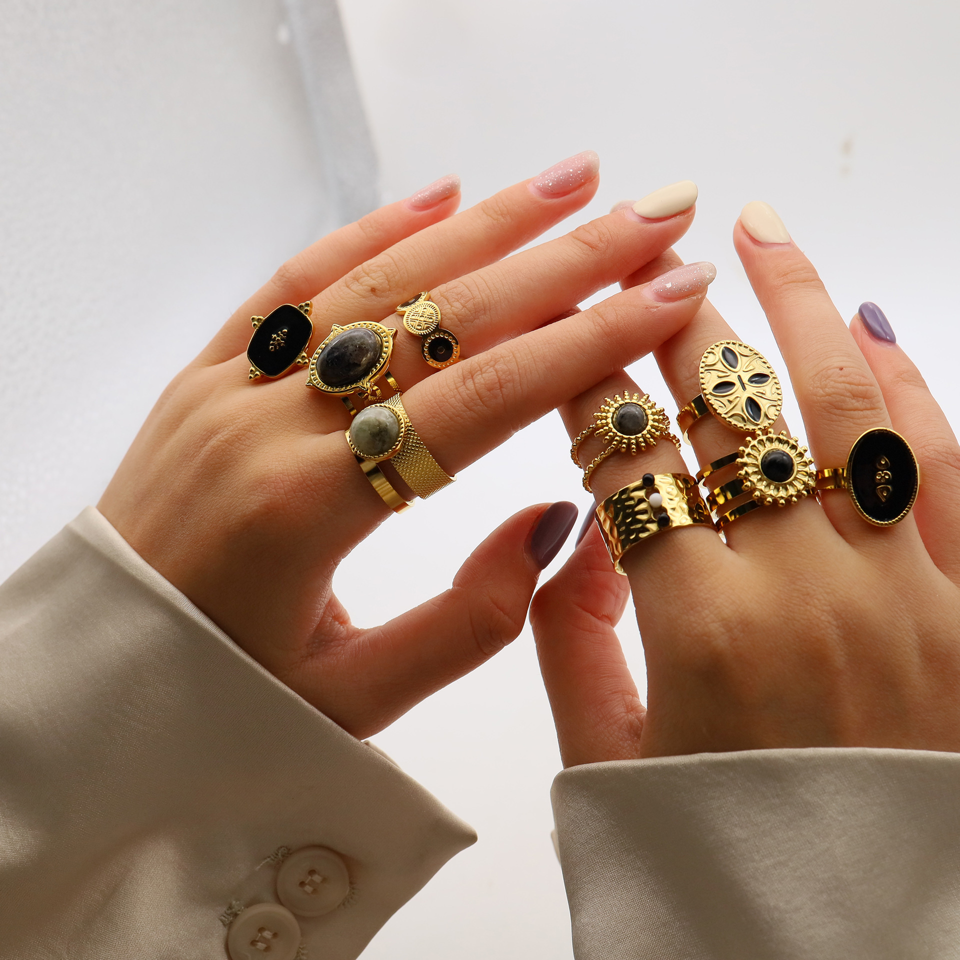 Cross-Border Popular Natural Stone Stainless Steel Ring, European and American Retro Gold Adjustable Open Ring, Jewelry Ring Wholesale