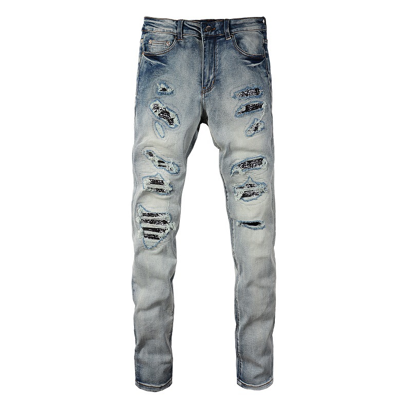 American-Style Jeans Trendy Brand with Multiple Holes, Patches, Paisley Pattern, Distressed Pants, Pleated Versatile Slim-Fit Skinny Jeans for Men