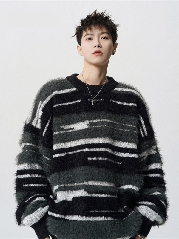 Retro Mohair Striped Knit Sweater for Men, Winter Lazy Style Color-Blocking Crew Neck Sweater, Trendy Loose-Fitting Couple's Outerwear