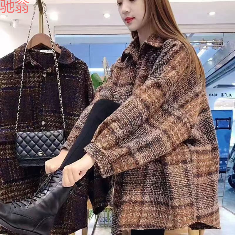 W9Q Thickened Coat Wool Retro Scrub Plaid Shirt Women's Top Outerwear Fashionable All-match Slim Shirt for Women