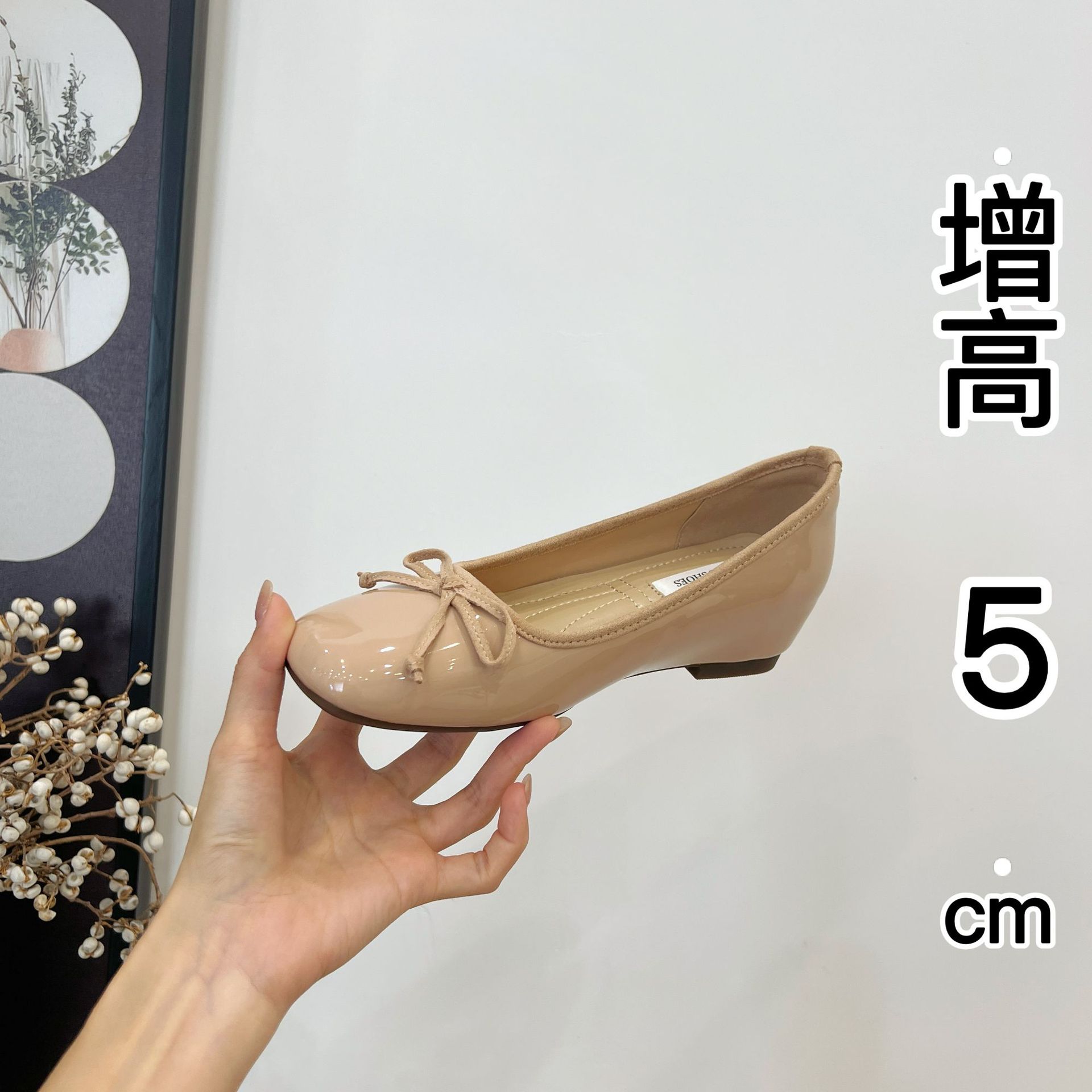 Increased 5cm Sweet Bow Square Head Ballet Shoes Women's Outer Wear 25 Spring New All-match Not Tired Small Single-layer Shoes
