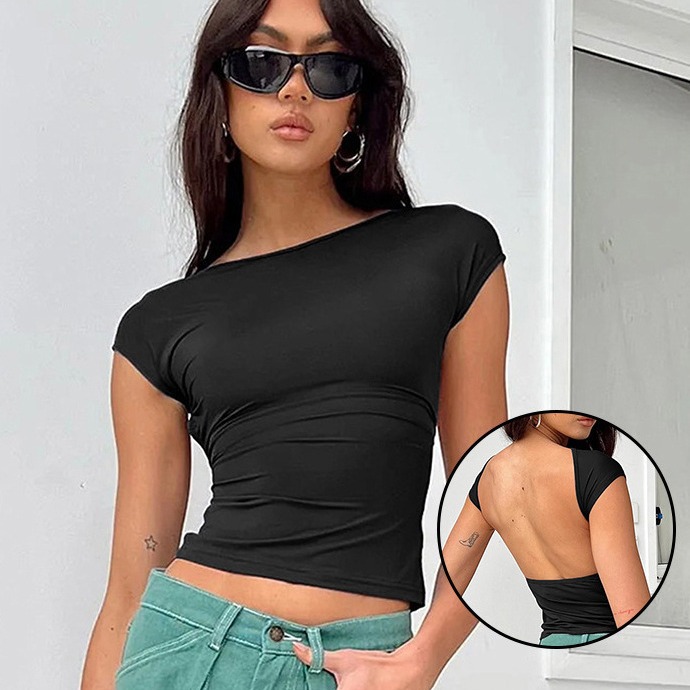 Cross-Border European and American Summer Sexy Half-High Collar Hollow-Out Backless Breathable Slim-Fit Base Layer Women's T-Shirt Short Sleeve Wholesale