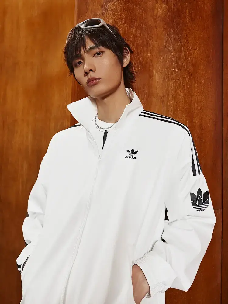 Couple Retro Style Woven Sports Stand Collar jacket Outwear Men and Women Adidas Adidas Official Clover
