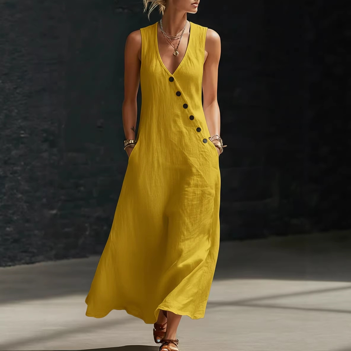 2026 Spring and Summer Tiktok Cross-Border European and American Lazy Style V-Neck Buttoned Cotton and Linen Long Dress Sleeveless Vest Dress