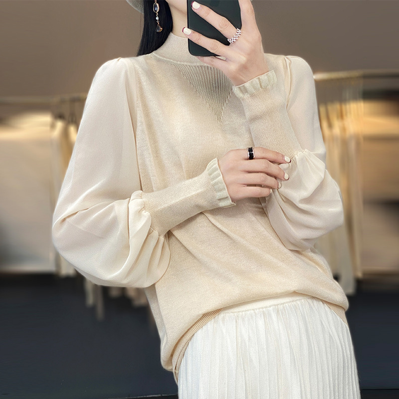 Fine Imitation Wool 2024 Autumn and Winter Women's Half-high Collar Knitted Top Thin Chiffon Stitching Solid Color Short Top
