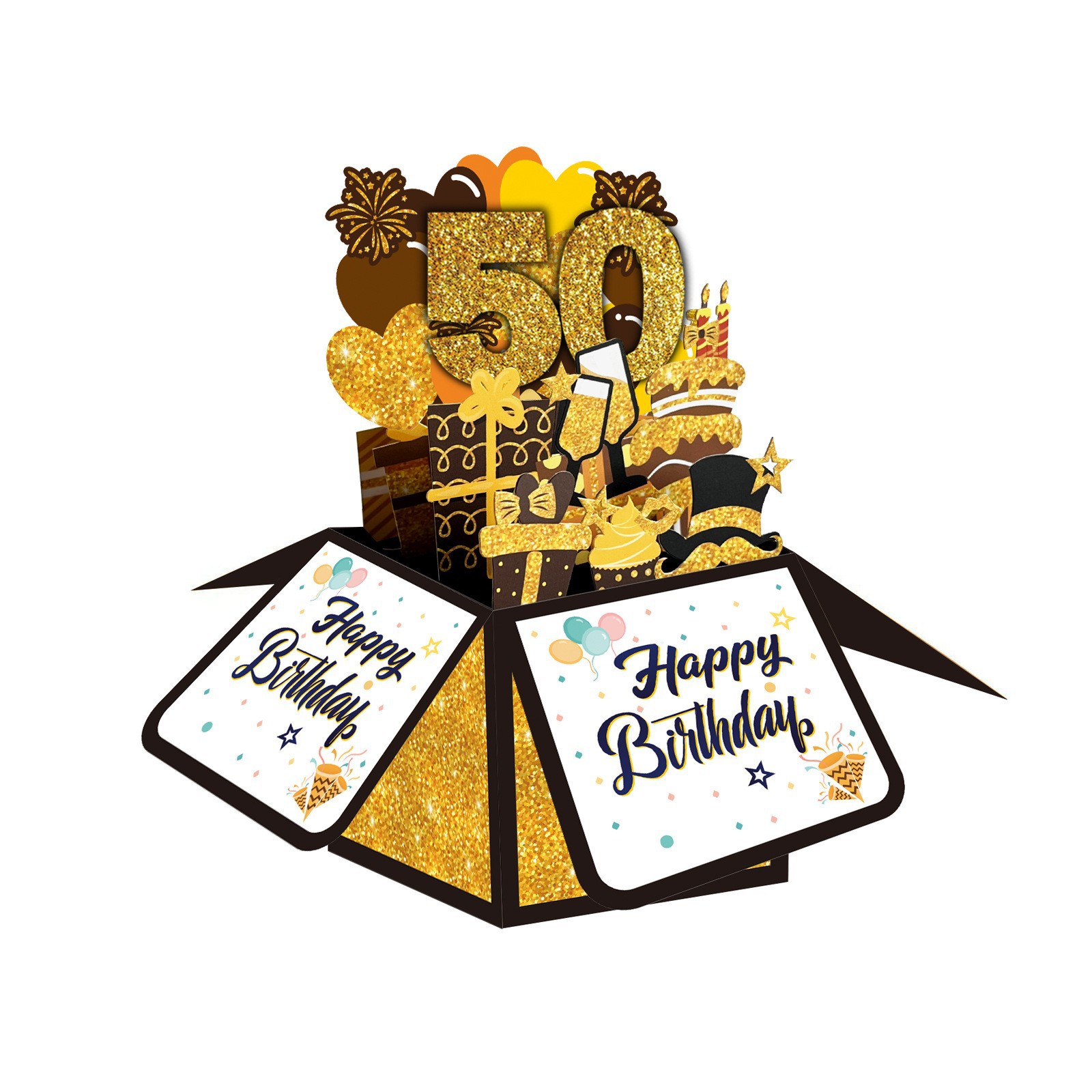 New 3D Stereo Birthday Box Greeting Card High-End Happy Birthday Stereo Box Greeting Card Foldableing Paper Carving Cross-Border Blessing Card