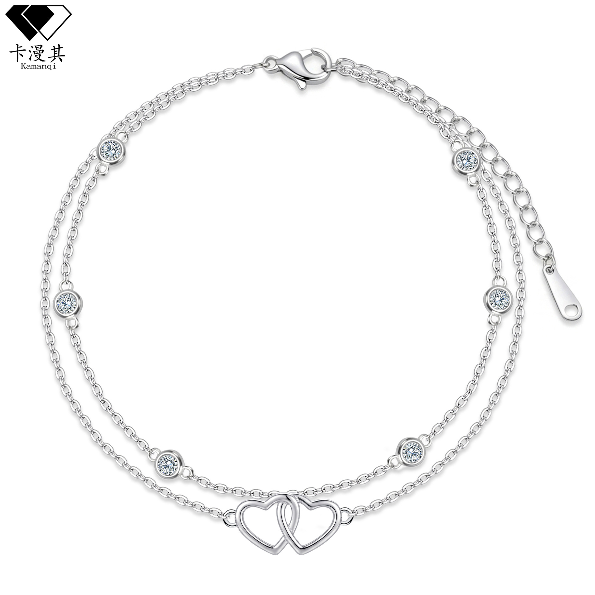 S925 Silver Plated Double-Layer Heart Double-Ring Anklet for Women, Niche Design with a High-End Feel, Zircon Anklet That Does Not Fade, Foot Jewelry