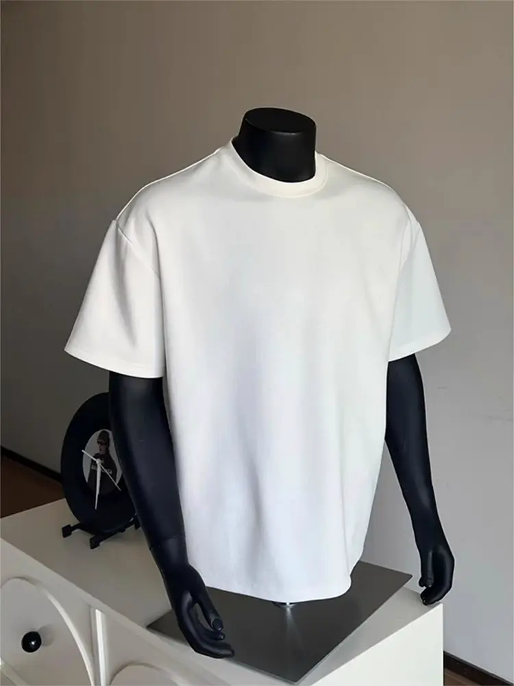 Cleanfit White Crew Neck Short-Sleeve Men's High-End Heavyweight T-Shirt, Loose-Fitting Base Layer Top, Regular Shoulder Half-Sleeve Trendy