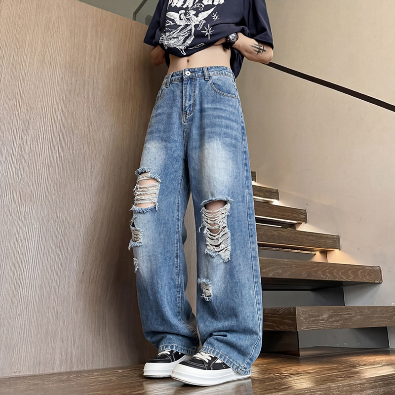 Summer New Men's Jeans with Ripped Design, Stylish Casual Pants with a Cool Ripped Design, American High Street Straight-Leg Pants