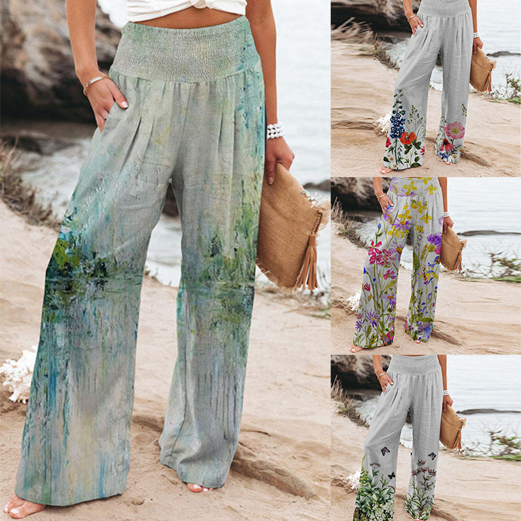 New Cross-border Foreign Trade Women's Clothing Amazon Four-sided Elastic Printed Trousers High Waist Straight Pocket Casual Wide-leg Pants for Women