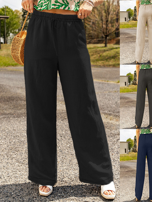 Spring and Summer 2024 New European and American Cross-border Amazon wish Casual Women's Pocket Wide Leg Cotton and Linen Loose Trousers for Women