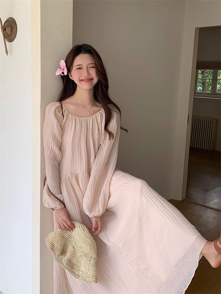 Gentle Style BAckless Pink Dress for Women Spring New KoreAn Style Textured Loose LAzy FAiry Long Skirt A