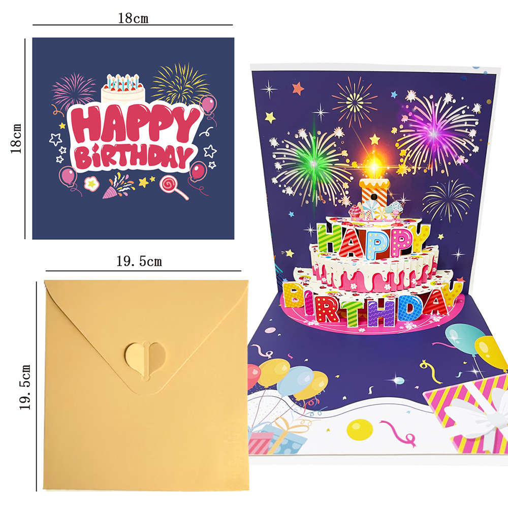 Birthday 3D Greeting Card with Fireworks Effect, Music, 3D Cake Chip Card, Candle Blowing Folding Card Wholesale