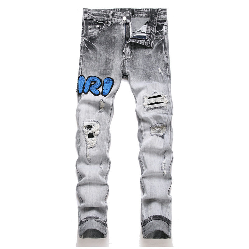 Men Ripped Slim Jeans Men's Ripped Patchwork Embroidered Stretch Slim Fit Skinny Jeans Gray photo QC de TAOBAO sur Qualit.ly