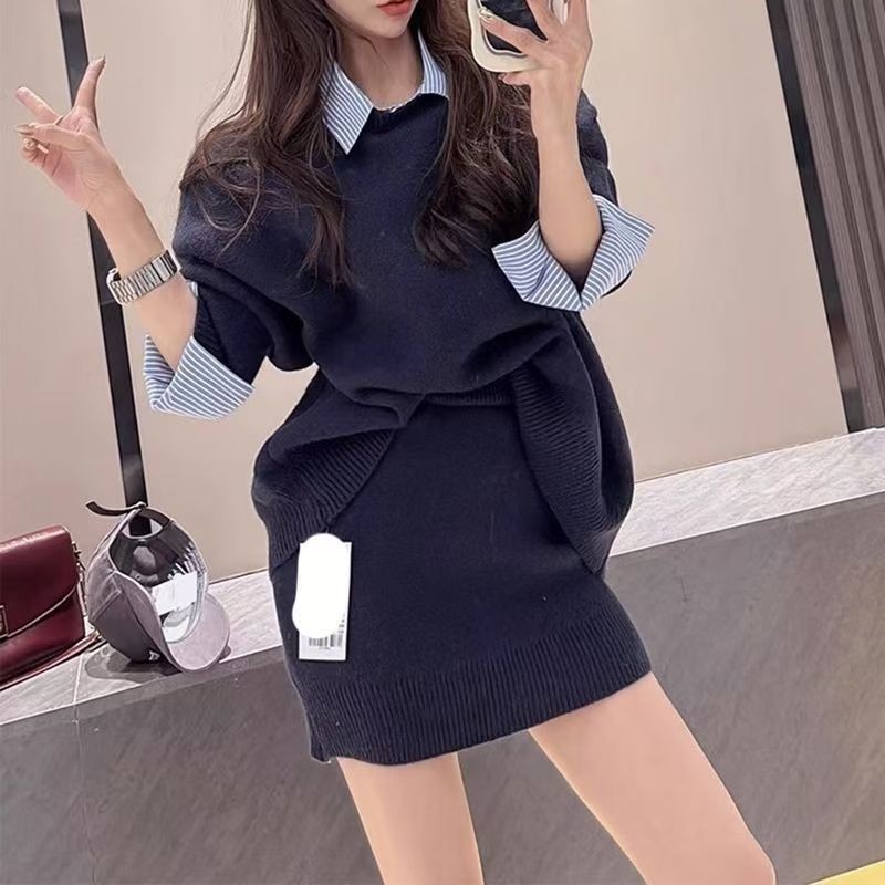 Korean Style Patchwork Shirt Collar Knit Two-Piece Set, New Autumn and Winter Fashion, High-Waisted Short Skirt, Thick Sweater Set