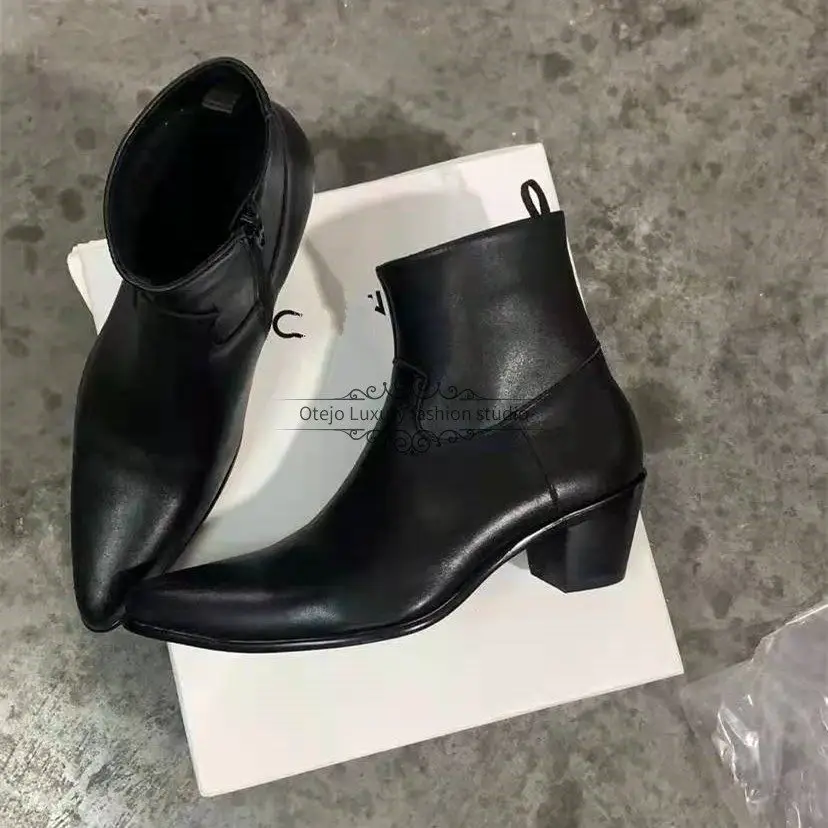 Apocalypse Edition! Hedi Slimane's New High-Heeled Pointed Chelsea Boots for Men, Side Zipper Short Boots, Hairdresser Shoes