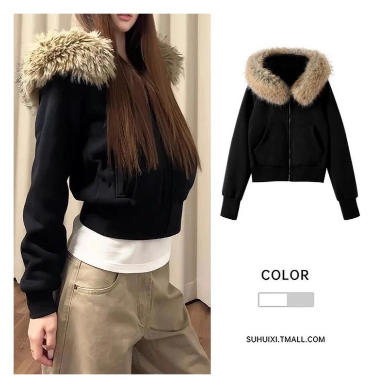 Gray Fur Collar American Hooded Sweatshirt Jacket For 2025