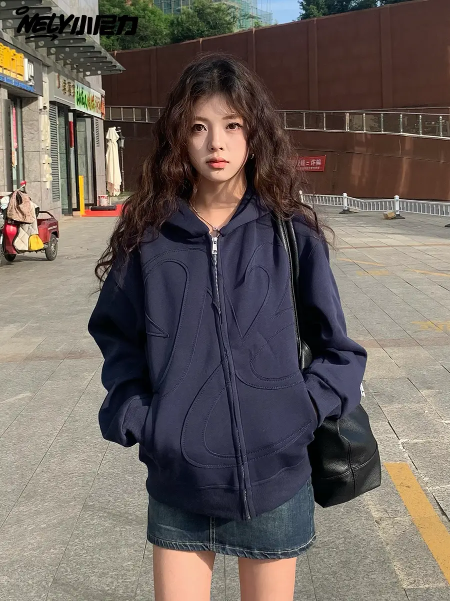 Little Nili American retro patch sweater men and women hooded fall and winter tide heavyweight loose gangster handsome high street jacket