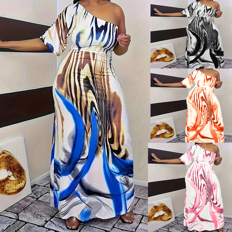 Cross-border Europe and the United States New Wish Women's Independent Station Fashion Casual Milk White Single Sleeve Shoulder One-piece Dress Long Dress