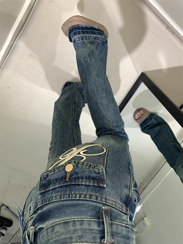2026 Spring and Autumn Vintage Blue Embroidered Flared Jeans American High Street Style Stretch Slim Fit High Waist for Women