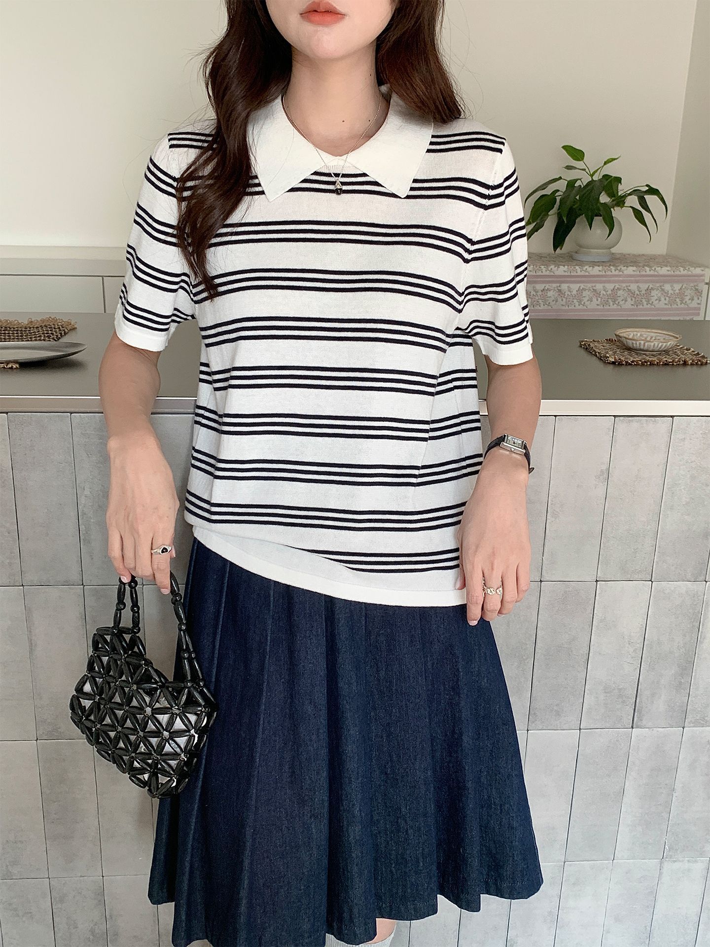Cross-Border Retro Color-Block Striped Cotton Knit Short-Sleeve T-Shirt Summer Turn-Down Collar Fashion Versatile Short Women's Top Wholesale