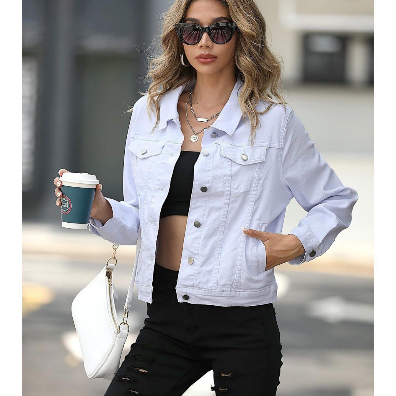 2025 European and American Foreign Trade Cross-Border Fashion Slim-Fit Women's Pilot Jacket with Turn-Down Collar, Denim, Solid Color, Pocket, Versatile Coat