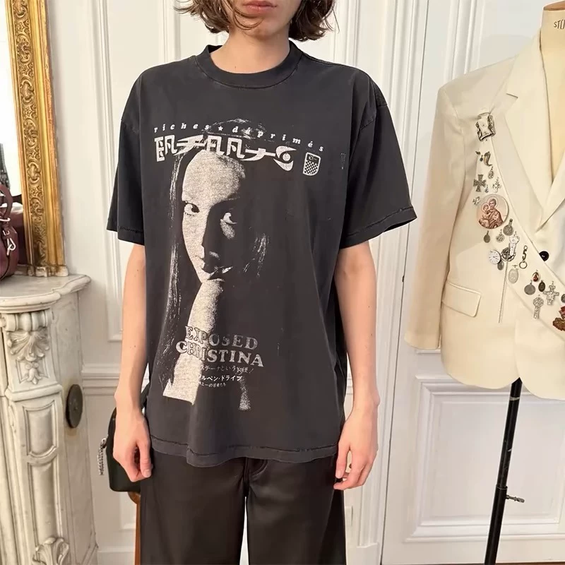 ERD CUOUT Melancholy Rich Second Generation Fan Portrait Slogan Printed Round Neck Summer Short sleeved T-shirt for Men and Women Couple