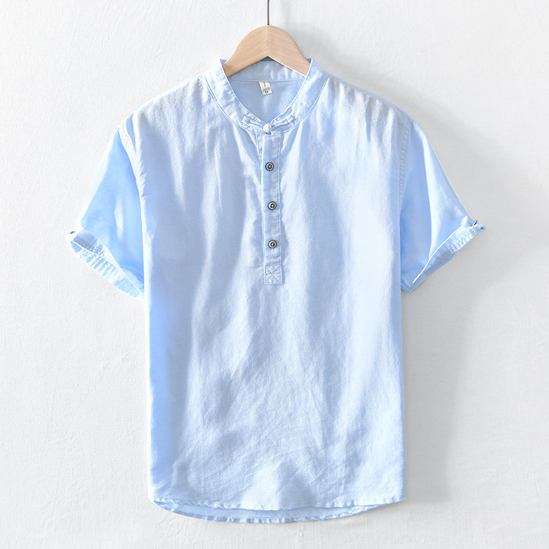 L3305 Simple Plain Color Versatile Short Shirt Casual Short-Sleeved T-Shirt Shirt (Fabric Is 75 Cotton 25 Linen)