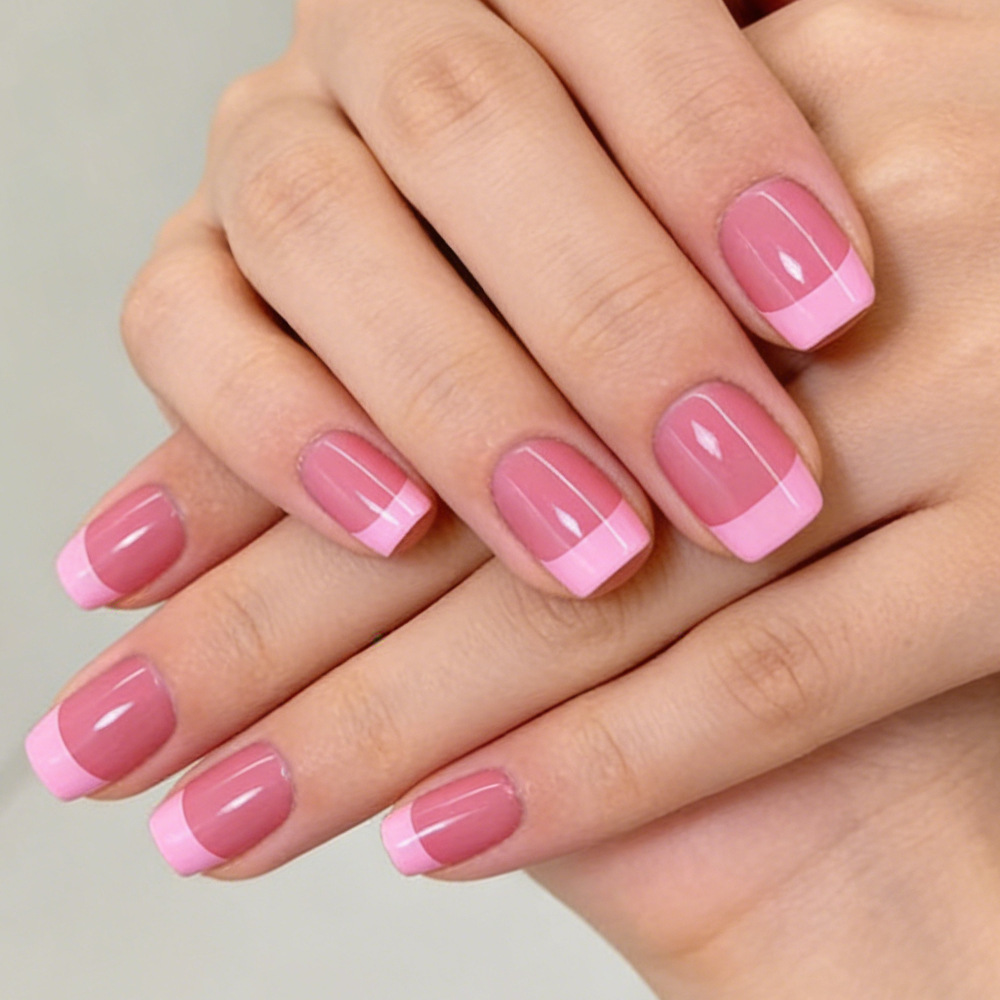 Short French-Style Press-On Nails, Sweet Pink, Simple Glossy Square Design, Versatile Nail Art, 24 Pieces, Press-On False Nails