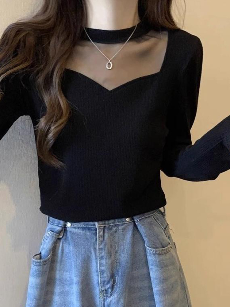 Designer-Style Base Layer Knitwear for Women, Niche Spring and Autumn Knit Top, Half-Turtleneck Faux Cashmere Sweater with Mesh Patchwork