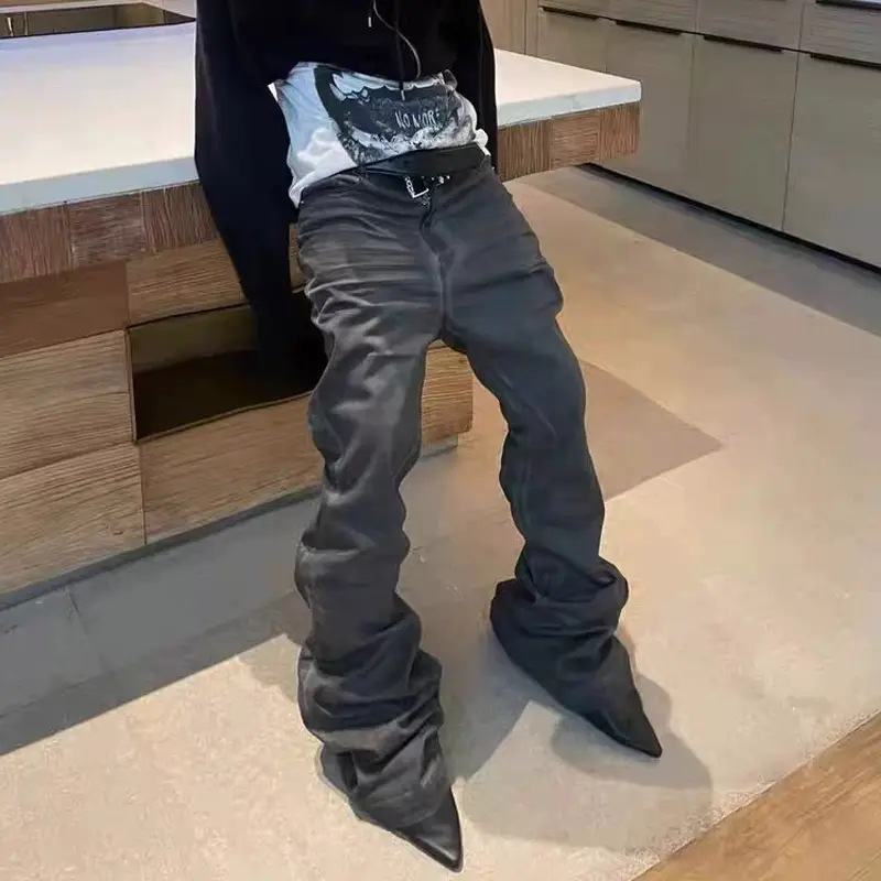 ro goth style done old washed black gray coating brush wax pants high street skinny micro flare stacked sense jeans men