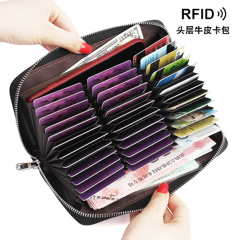 First Layer Cowhide Organ Genuine Leather Card Holder Multi-Card Holder RFID Anti-Theft Men's Card Holder Women's Card Bag Long Wallet