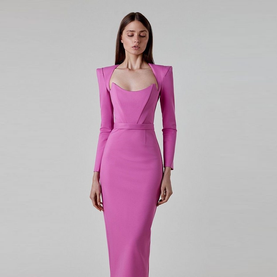 European and American Cross-Border Women's Clothing Spring and Summer Elegant Hepburn Style Dress Square Collar Horn Shoulder Long Sleeve Bandage Skirt First-Hand Supply