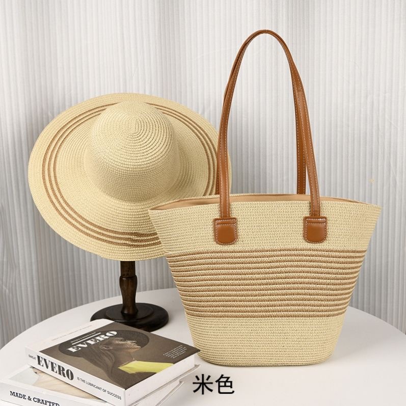 Large Capacity Women's Tote Bag, Commuter Straw Hat Two-Piece Set, Wide Brim Hat That Makes the Face Look Smaller, Straw Woven Bag